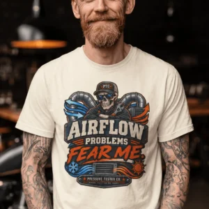 Airflow Problems Fear Me T-Shirt — HVAC Technician Skull Logo Tee — ivory t-shirt, model photo | Pressure Tested Co