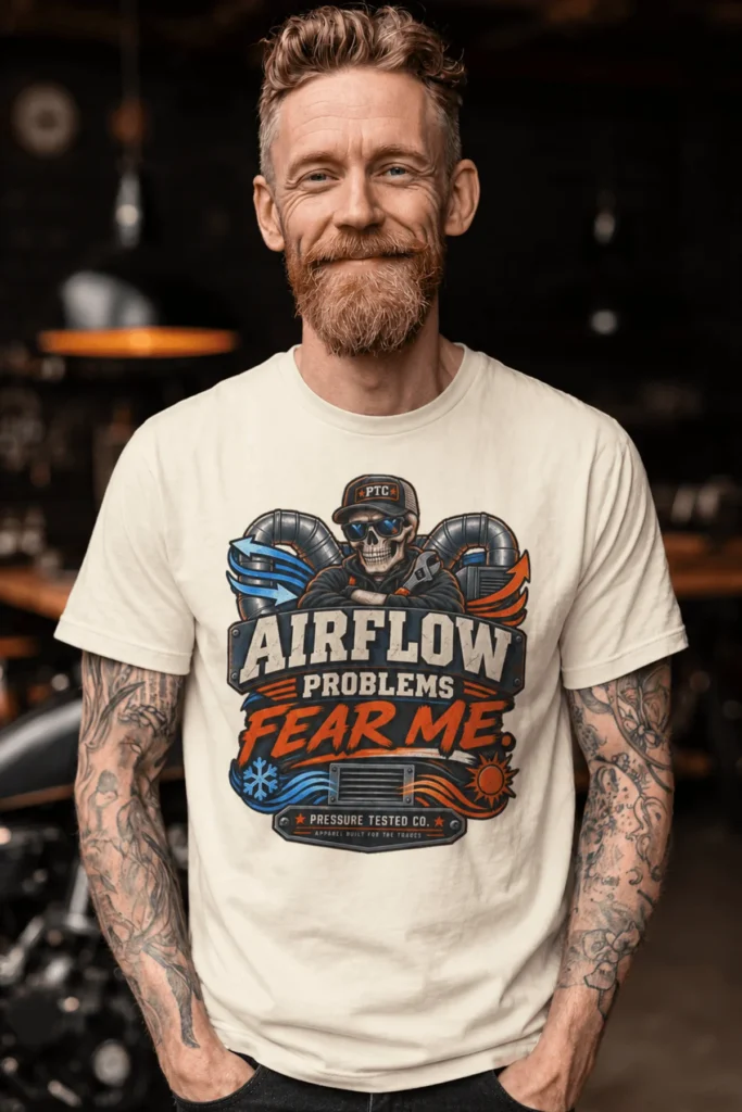 Airflow Problems Fear Me T-Shirt — HVAC Technician Skull Logo Tee — ivory t-shirt, model photo | Pressure Tested Co