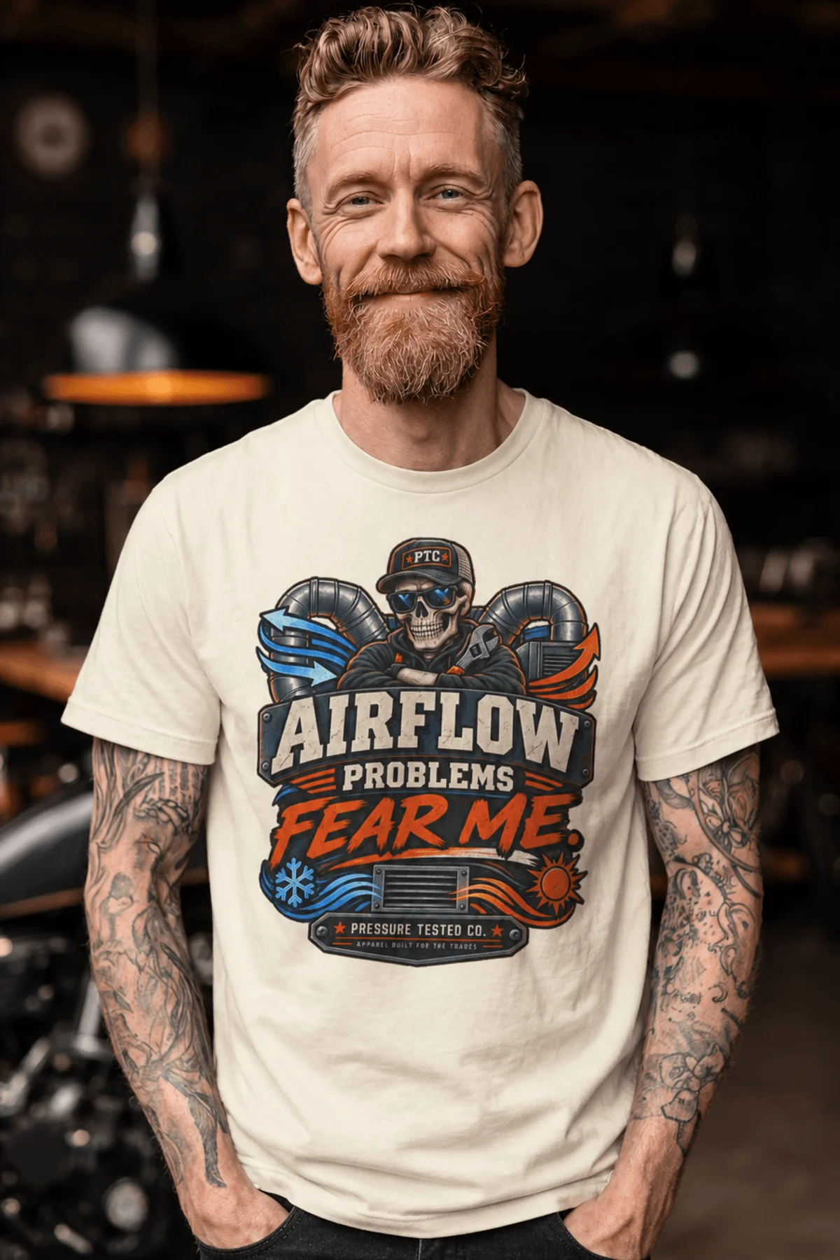 Airflow Problems Fear Me T-Shirt — HVAC Technician Skull Logo Tee — ivory t-shirt, model photo | Pressure Tested Co