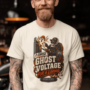 Ghost Voltage T-Shirt — 'I Chase Ghost Voltage for a Living' Vintage Electrician Tee — ivory t-shirt, model photo | Pressure Tested Co