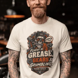 Mechanic Skull T-Shirt — "Fluent in Grease, Gears and Grumbling" Graphic Tee — ivory t-shirt, model photo | Pressure Tested Co