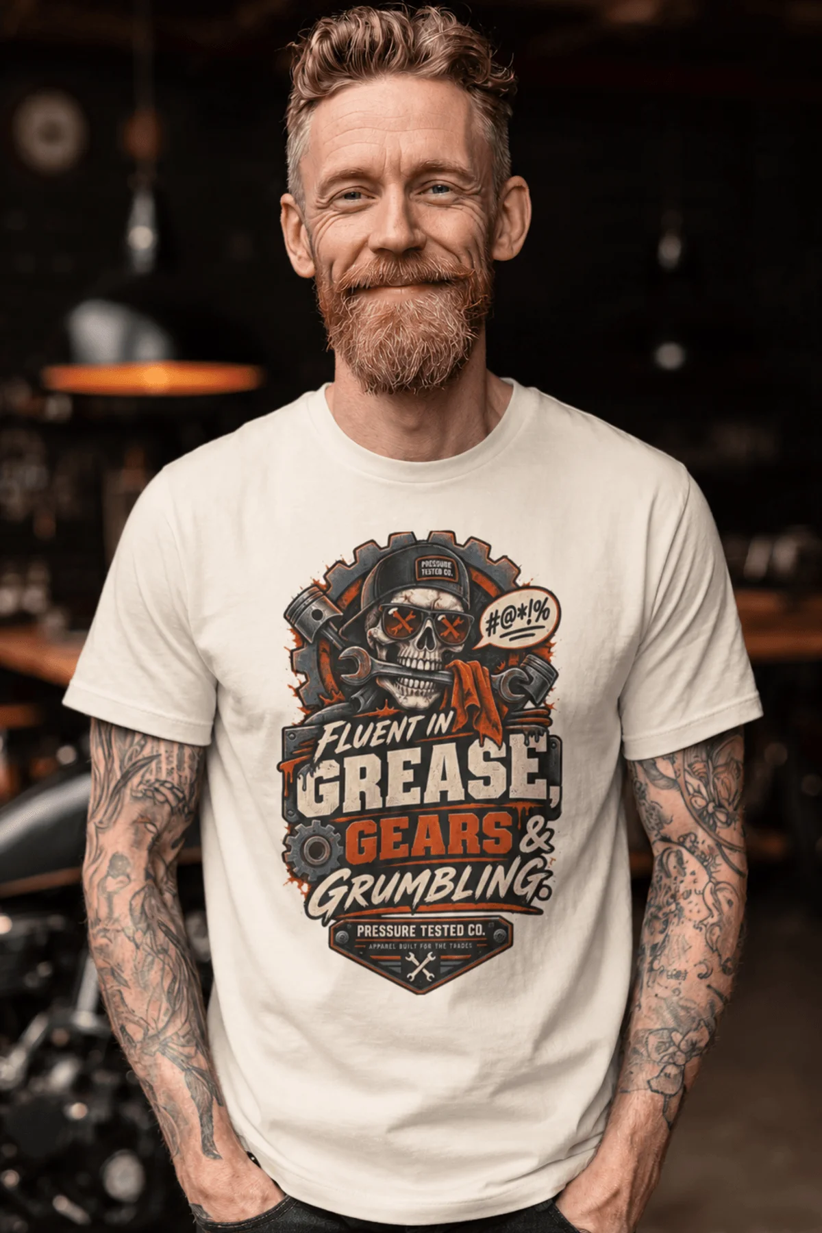 Mechanic Skull T-Shirt — "Fluent in Grease, Gears and Grumbling" Graphic Tee — ivory t-shirt, model photo | Pressure Tested Co