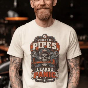Plumber Skull T-Shirt — "Fluent in Pipes, Leaks and Panic" Workwear Tee — ivory t-shirt, model photo | Pressure Tested Co