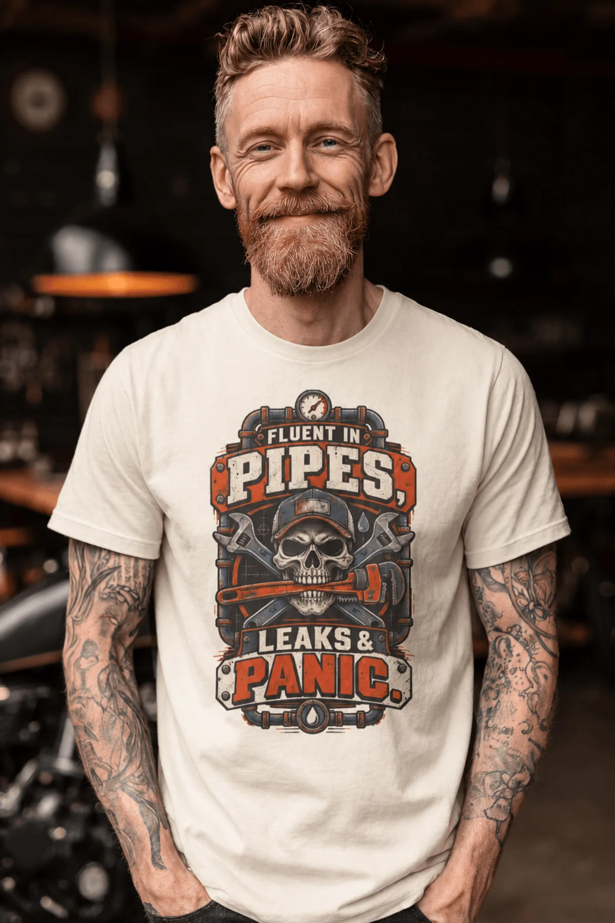 Plumber Skull T-Shirt — "Fluent in Pipes, Leaks and Panic" Workwear Tee — ivory t-shirt, model photo | Pressure Tested Co