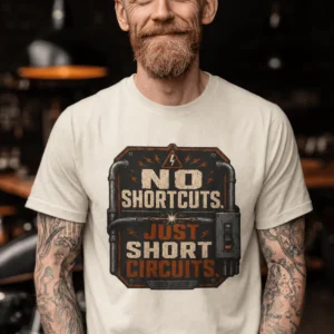 No Shortcuts Just Short Circuits T-Shirt — Funny Retro Industrial Electrician Tee — ivory t-shirt, model photo | Pressure Tested Co