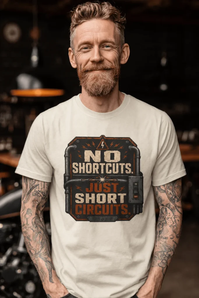 No Shortcuts Just Short Circuits T-Shirt — Funny Retro Industrial Electrician Tee — ivory t-shirt, model photo | Pressure Tested Co