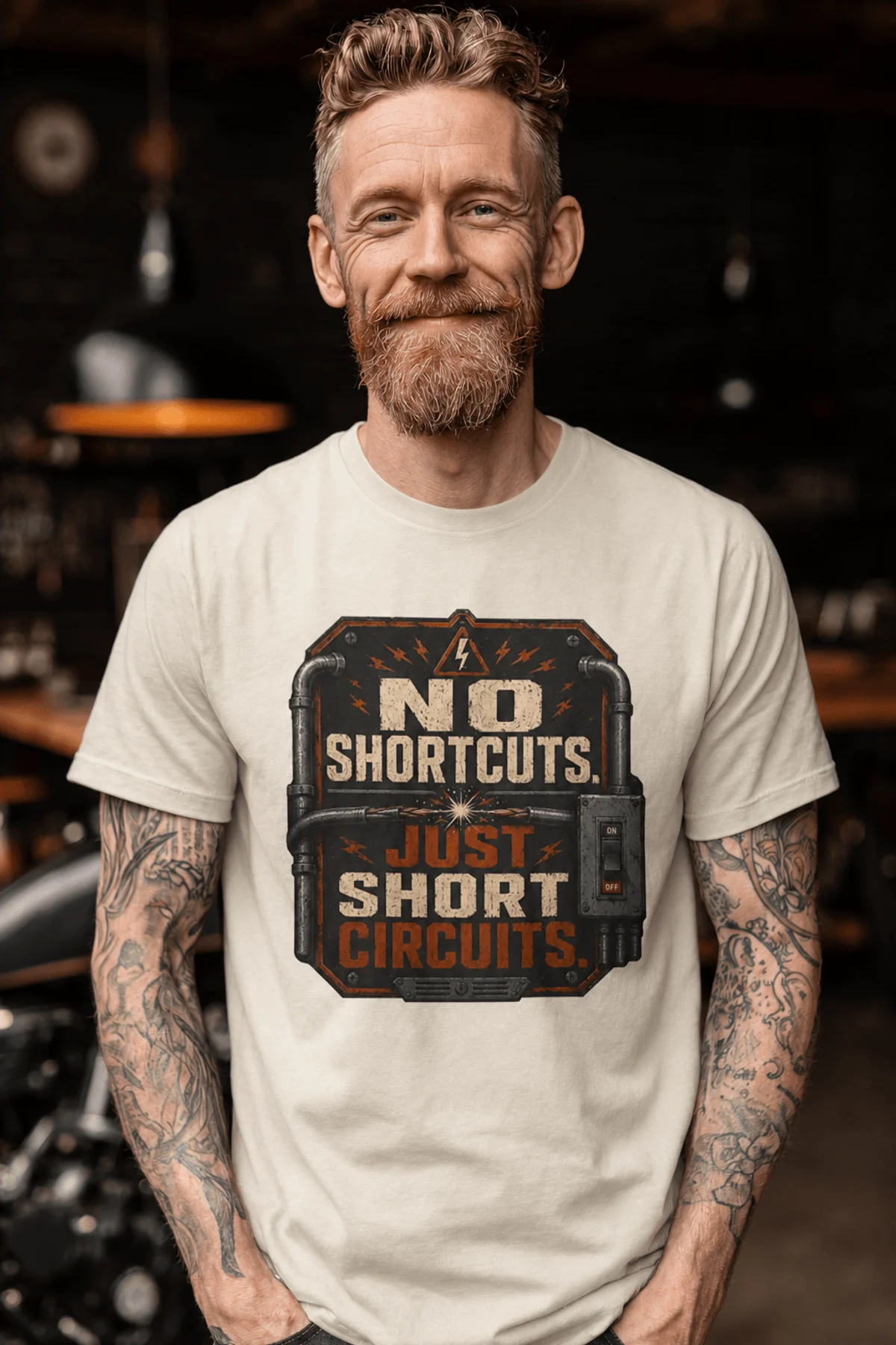 No Shortcuts Just Short Circuits T-Shirt — Funny Retro Industrial Electrician Tee — ivory t-shirt, model photo | Pressure Tested Co