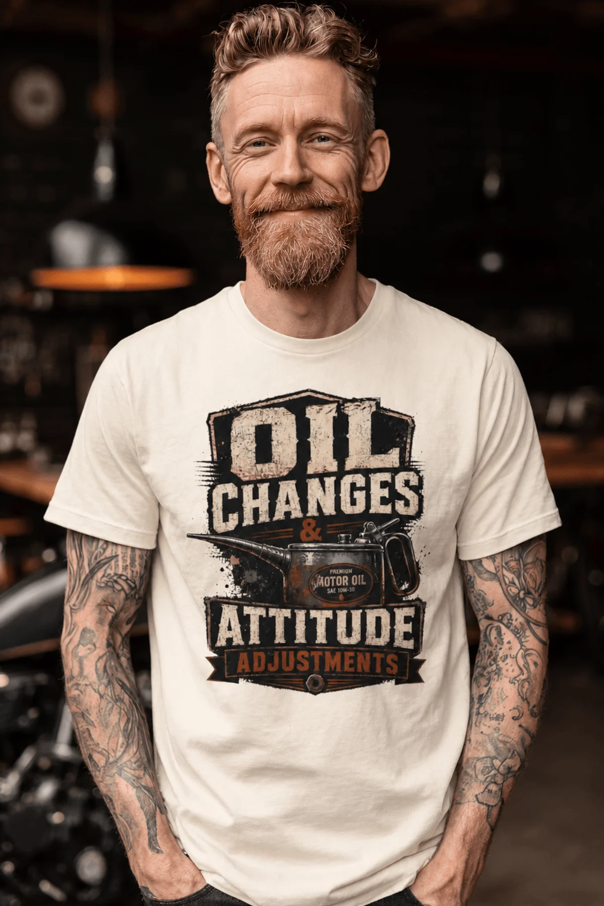 'Oil Changes and Attitude Adjustments' T-Shirt — Funny Retro Industrial Mechanic's Tee — ivory t-shirt, model photo | Pressure Tested Co