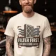 T-Shirt — "Filter First. Ask Questions Later." HVAC Air Filter Graphic — ivory t-shirt, model photo | Pressure Tested Co