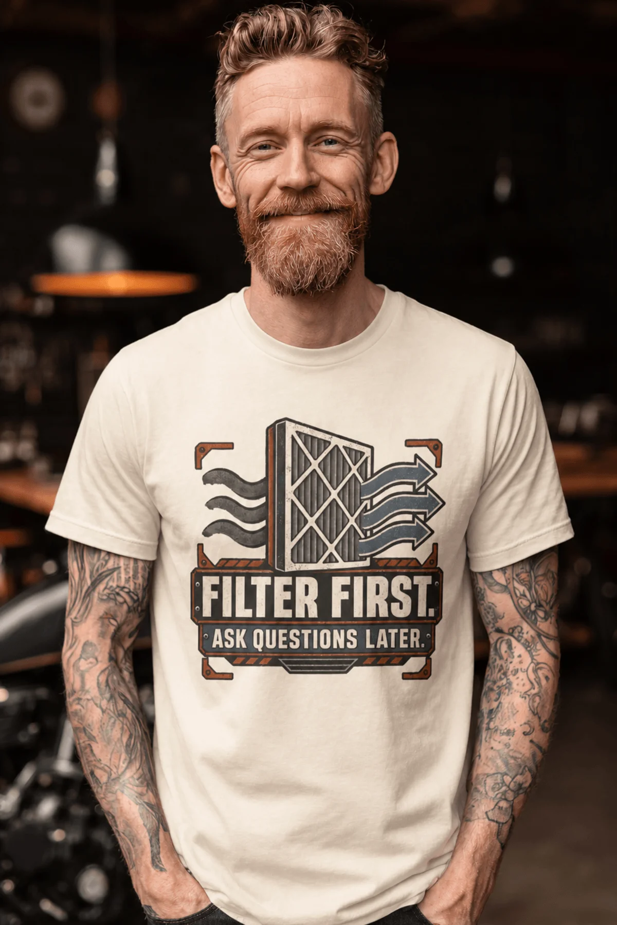 T-Shirt — "Filter First. Ask Questions Later." HVAC Air Filter Graphic — ivory t-shirt, model photo | Pressure Tested Co