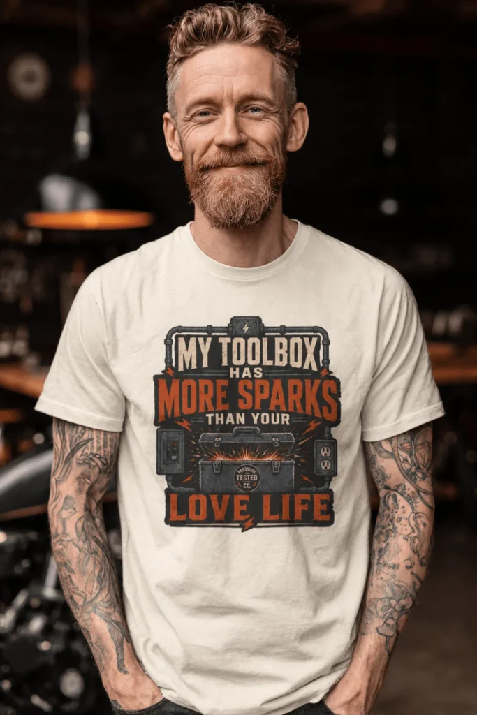 T-Shirt — "My Toolbox Has More Sparks Than Your Love Life" Electrician/Mechanic Workshop Tee — ivory t-shirt, model photo | Pressure Tested Co