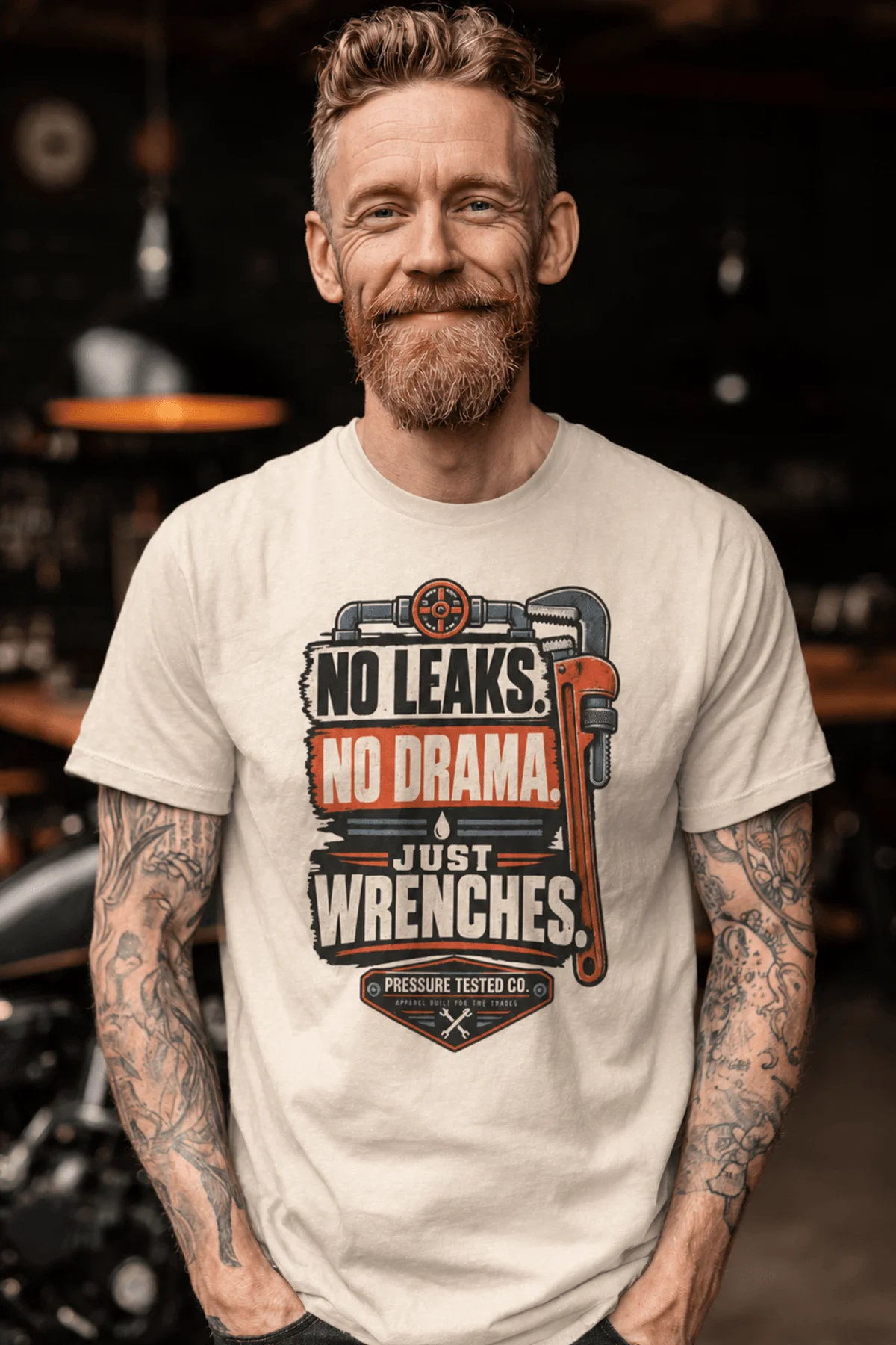"No Leaks, No Drama, Just Wrenches" Vintage Plumbing Tee — ivory t-shirt, model photo | Pressure Tested Co