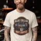 'Blue Collar. Cold Air. Hot Coffee.' T-Shirt — Funny Retro Industrial HVAC Tee — ivory t-shirt, model photo | Pressure Tested Co