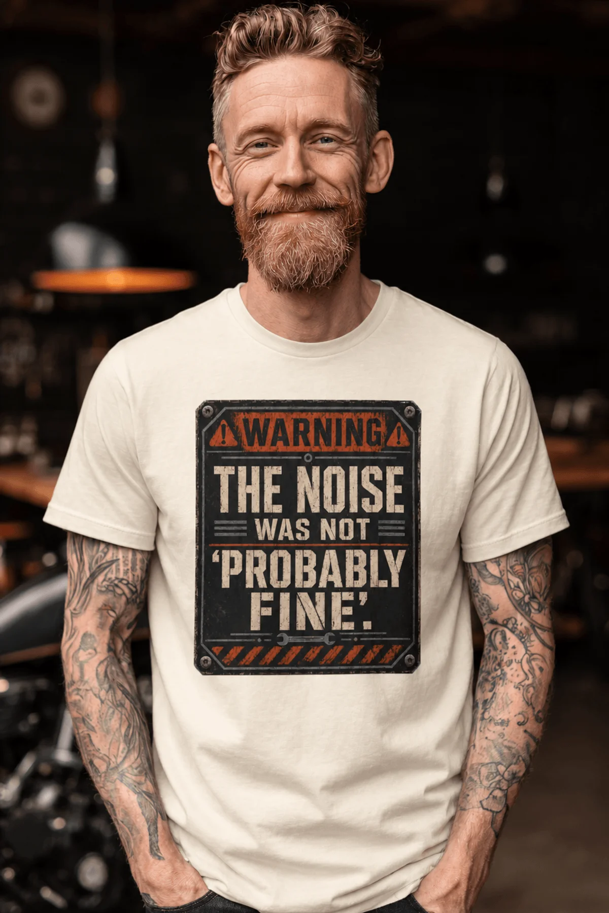 Warning Sign T-Shirt — "The Noise Was Not 'Probably Fine'" Vintage Graphic Tee — ivory t-shirt, model photo | Pressure Tested Co