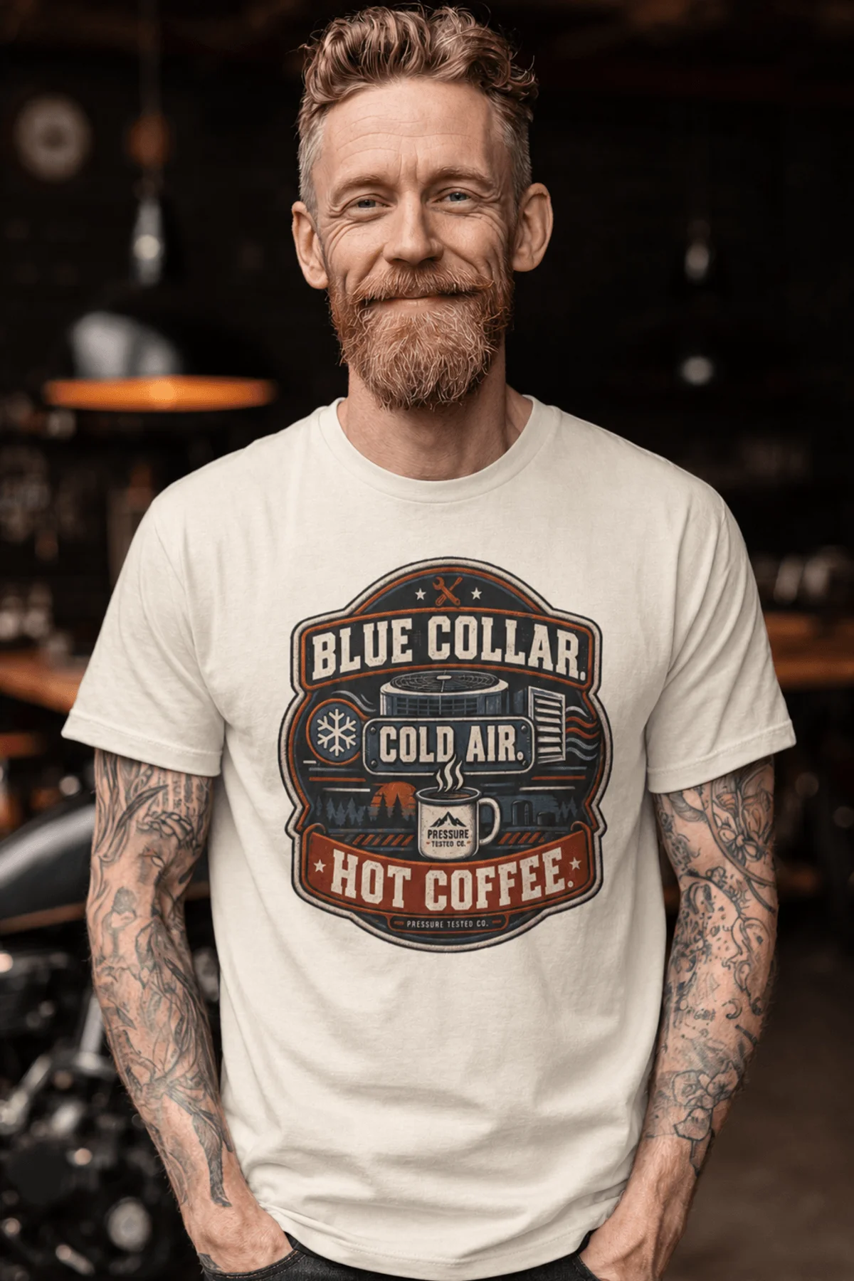 'Blue Collar. Cold Air. Hot Coffee.' T-Shirt — Funny Retro Industrial HVAC Tee — ivory t-shirt, model photo | Pressure Tested Co