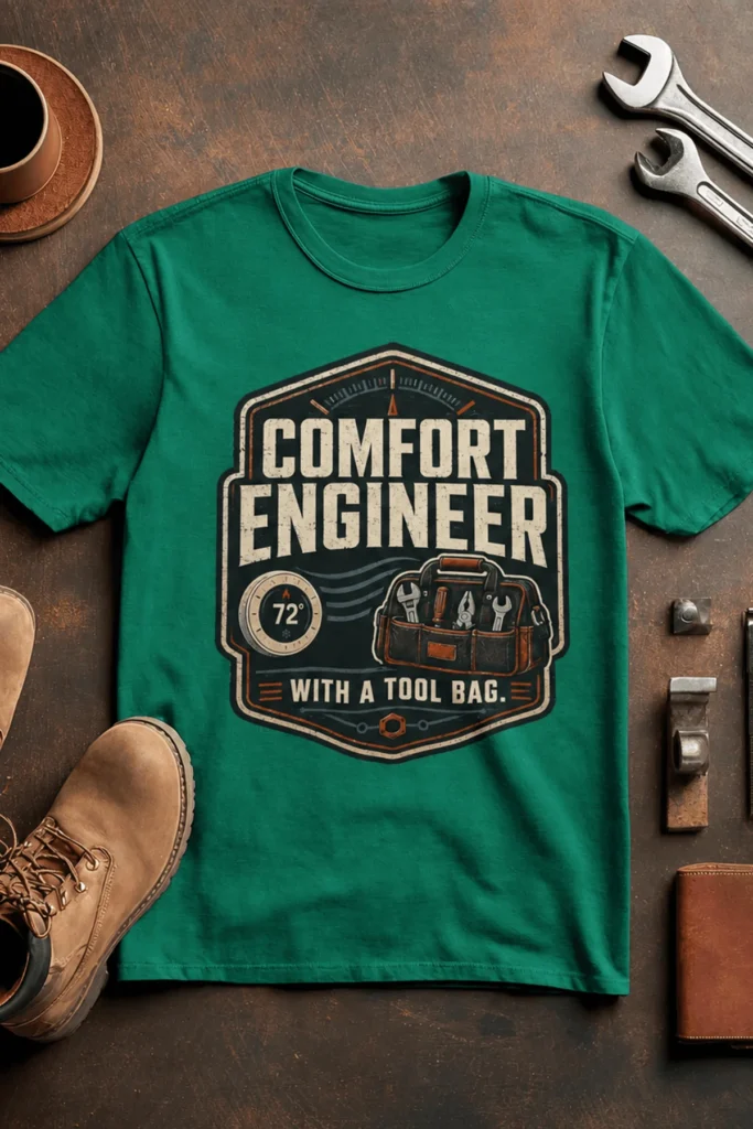 HVAC Tech T-Shirt — "Comfort Engineer" Vintage Tee with a Tool Bag — kelly t-shirt, flat-lay product photo | Pressure Tested Co