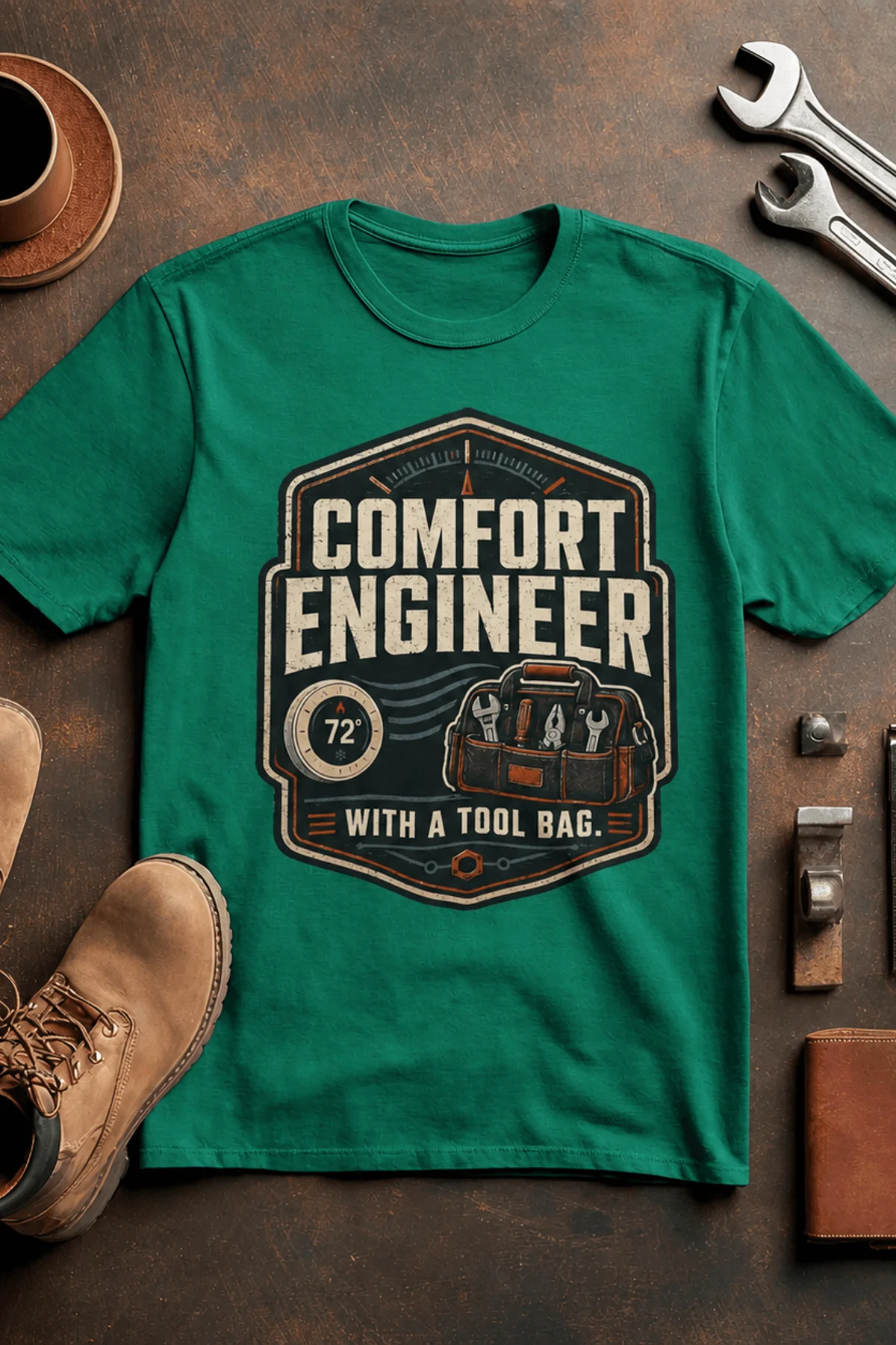 HVAC Tech T-Shirt — "Comfort Engineer" Vintage Tee with a Tool Bag — kelly t-shirt, flat-lay product photo | Pressure Tested Co