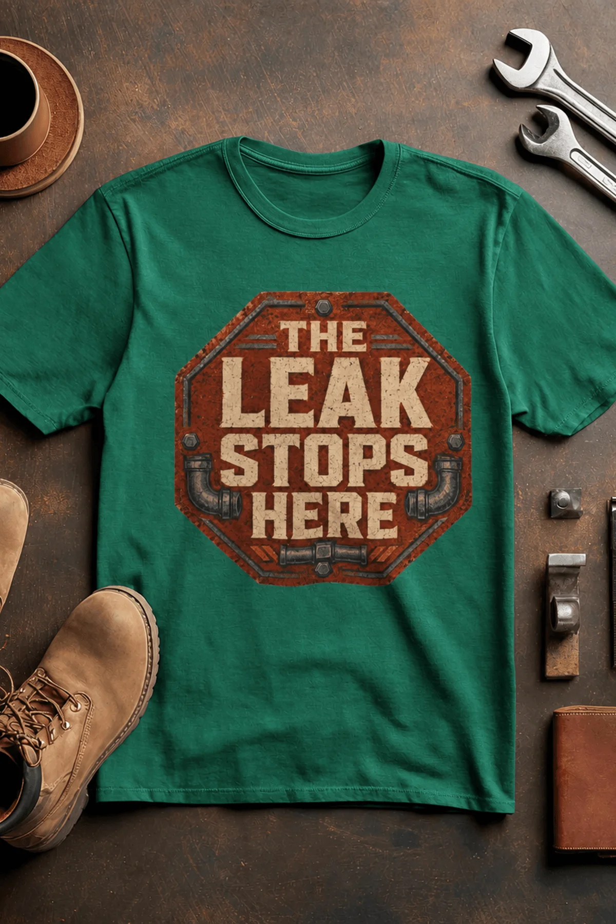 "The Leak Stops Here" Stop Sign Badge Style — Plumbing Repair Tech Humorous Tee — kelly t-shirt, flat-lay product photo | Pressure Tested Co