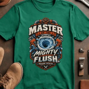 Master of the Mighty Flush T-Shirt — Plumber/Funny Toilet Repair Tee — kelly t-shirt, flat-lay product photo | Pressure Tested Co