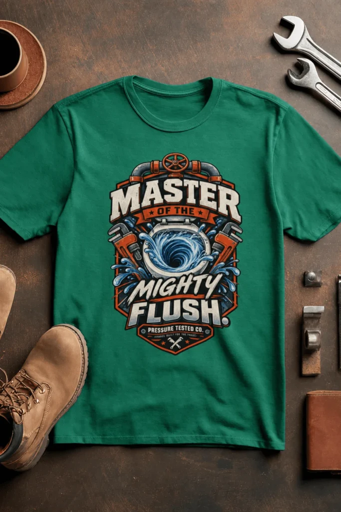 Master of the Mighty Flush T-Shirt — Plumber/Funny Toilet Repair Tee — kelly t-shirt, flat-lay product photo | Pressure Tested Co