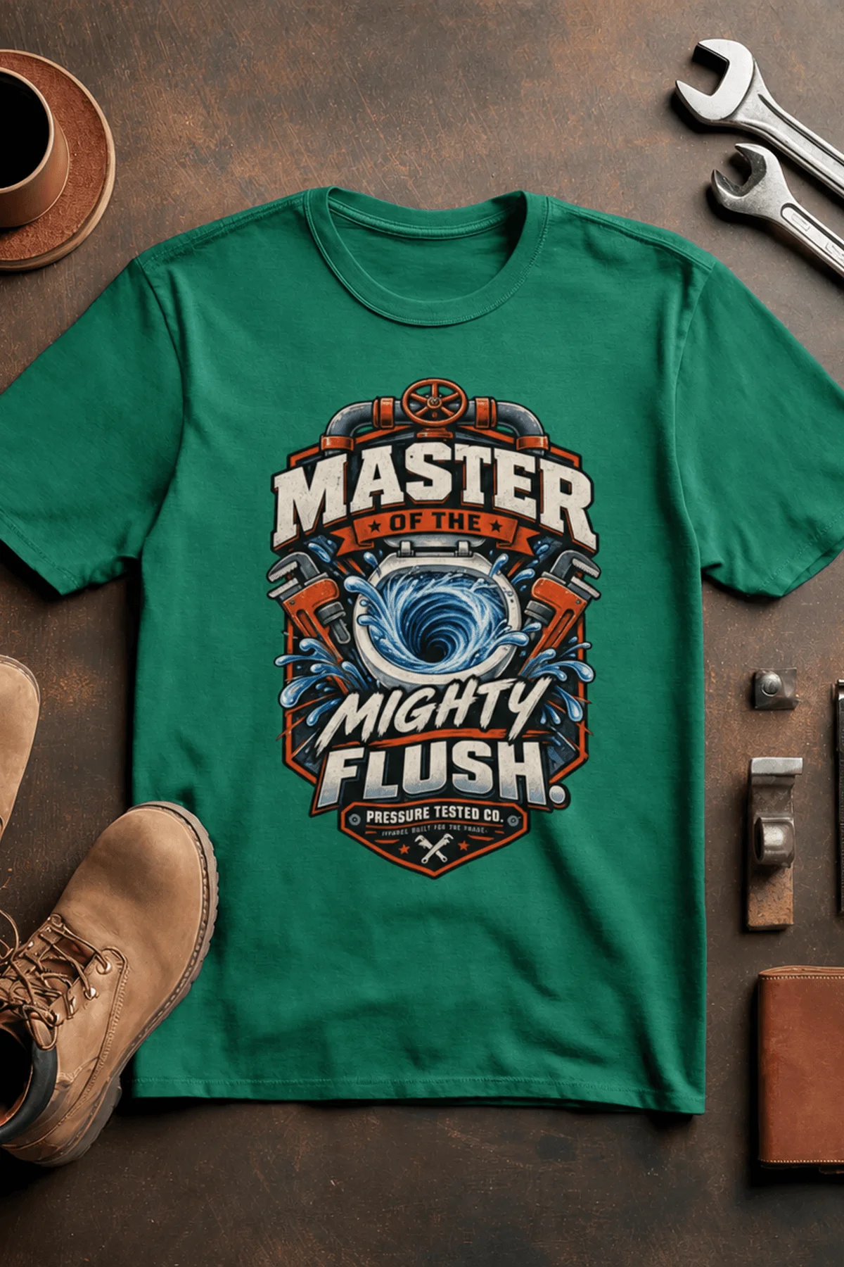 Master of the Mighty Flush T-Shirt — Plumber/Funny Toilet Repair Tee — kelly t-shirt, flat-lay product photo | Pressure Tested Co