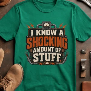 I Know A Shocking Amount Of Stuff T-Shirt — Electrician Science Humorous Tee — kelly t-shirt, flat-lay product photo | Pressure Tested Co