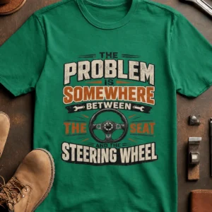 Driving Humor T-Shirt — "The Problem Is Somewhere Between The Seat And The Steering Wheel" — kelly t-shirt, flat-lay product photo | Pressure Tested Co