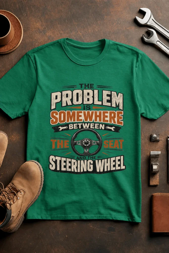 Driving Humor T-Shirt — "The Problem Is Somewhere Between The Seat And The Steering Wheel" — kelly t-shirt, flat-lay product photo | Pressure Tested Co