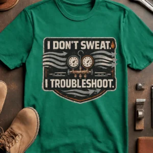 HVAC Tech T-Shirt – "I Don't Sweat. I Troubleshoot." Retro Tech Shirt — kelly t-shirt, flat-lay product photo | Pressure Tested Co