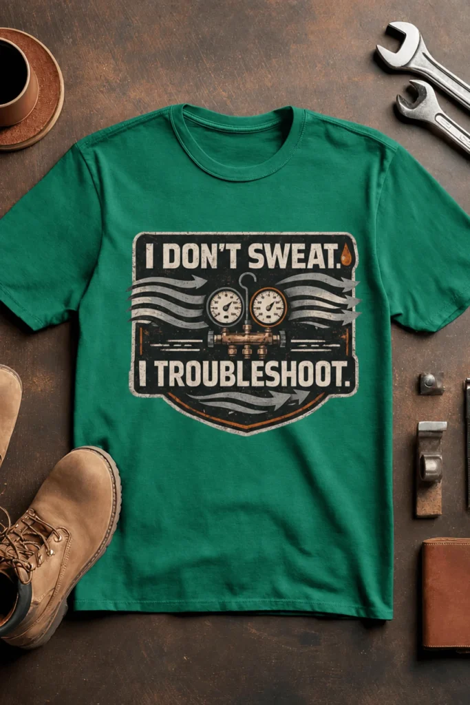 HVAC Tech T-Shirt – "I Don't Sweat. I Troubleshoot." Retro Tech Shirt — kelly t-shirt, flat-lay product photo | Pressure Tested Co
