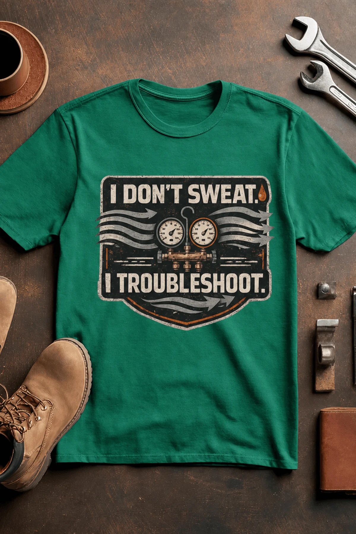 HVAC Tech T-Shirt – "I Don't Sweat. I Troubleshoot." Retro Tech Shirt — kelly t-shirt, flat-lay product photo | Pressure Tested Co