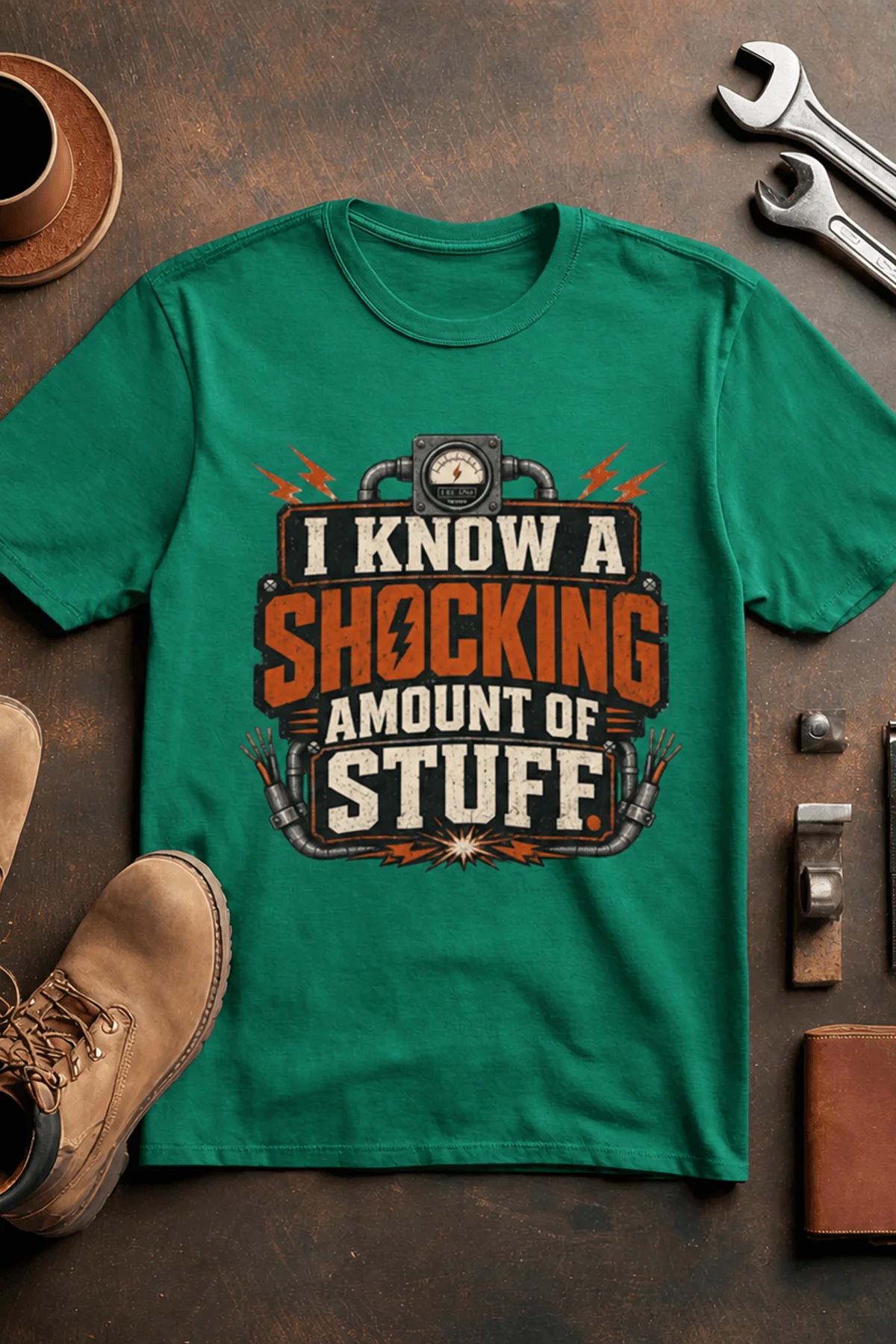 I Know A Shocking Amount Of Stuff T-Shirt — Electrician Science Humorous Tee — kelly t-shirt, flat-lay product photo | Pressure Tested Co