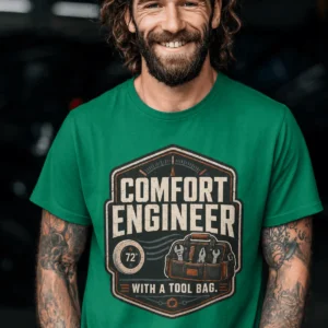 HVAC Tech T-Shirt — "Comfort Engineer" Vintage Tee with a Tool Bag — kelly t-shirt, model photo | Pressure Tested Co