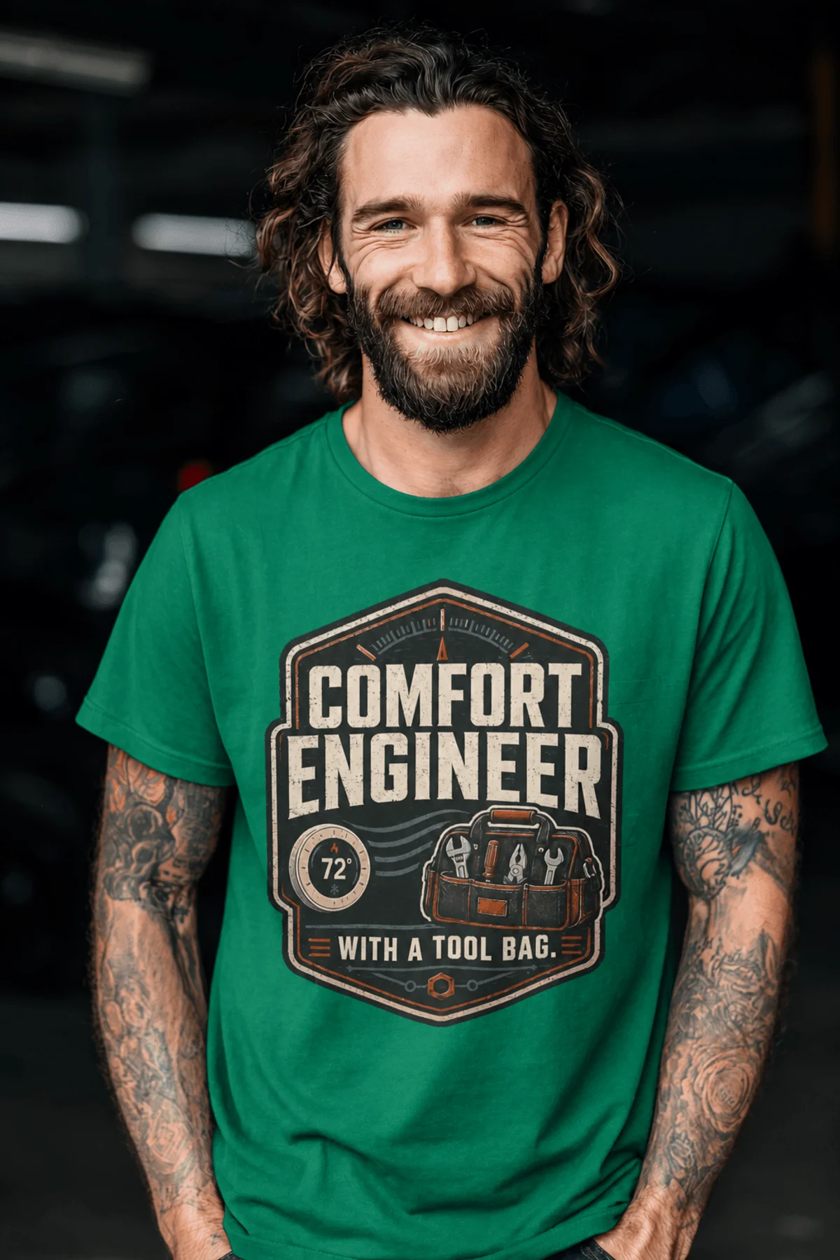 HVAC Tech T-Shirt — "Comfort Engineer" Vintage Tee with a Tool Bag — kelly t-shirt, model photo | Pressure Tested Co