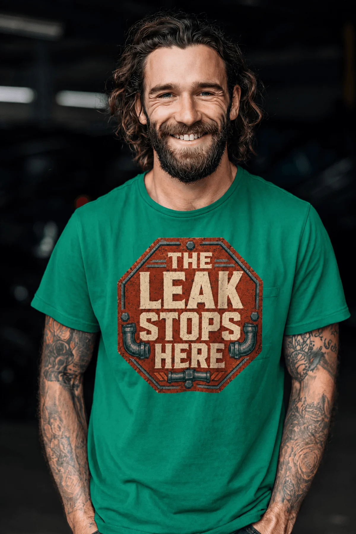 "The Leak Stops Here" Stop Sign Badge Style — Plumbing Repair Tech Humorous Tee — kelly t-shirt, model photo | Pressure Tested Co