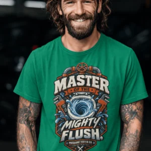Master of the Mighty Flush T-Shirt — Plumber/Funny Toilet Repair Tee — kelly t-shirt, model photo | Pressure Tested Co