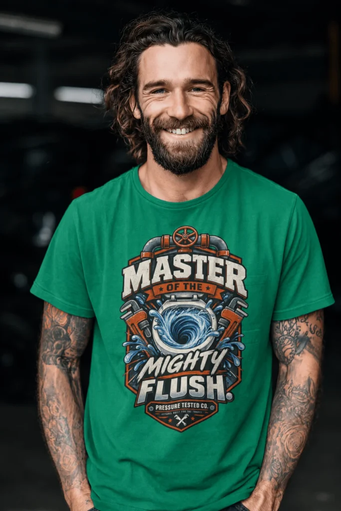 Master of the Mighty Flush T-Shirt — Plumber/Funny Toilet Repair Tee — kelly t-shirt, model photo | Pressure Tested Co