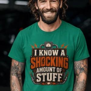 I Know A Shocking Amount Of Stuff T-Shirt — Electrician Science Humorous Tee — kelly t-shirt, model photo | Pressure Tested Co