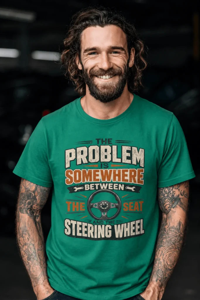Driving Humor T-Shirt — "The Problem Is Somewhere Between The Seat And The Steering Wheel" — kelly t-shirt, model photo | Pressure Tested Co
