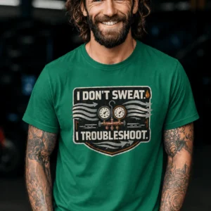 HVAC Tech T-Shirt – "I Don't Sweat. I Troubleshoot." Retro Tech Shirt — kelly t-shirt, model photo | Pressure Tested Co