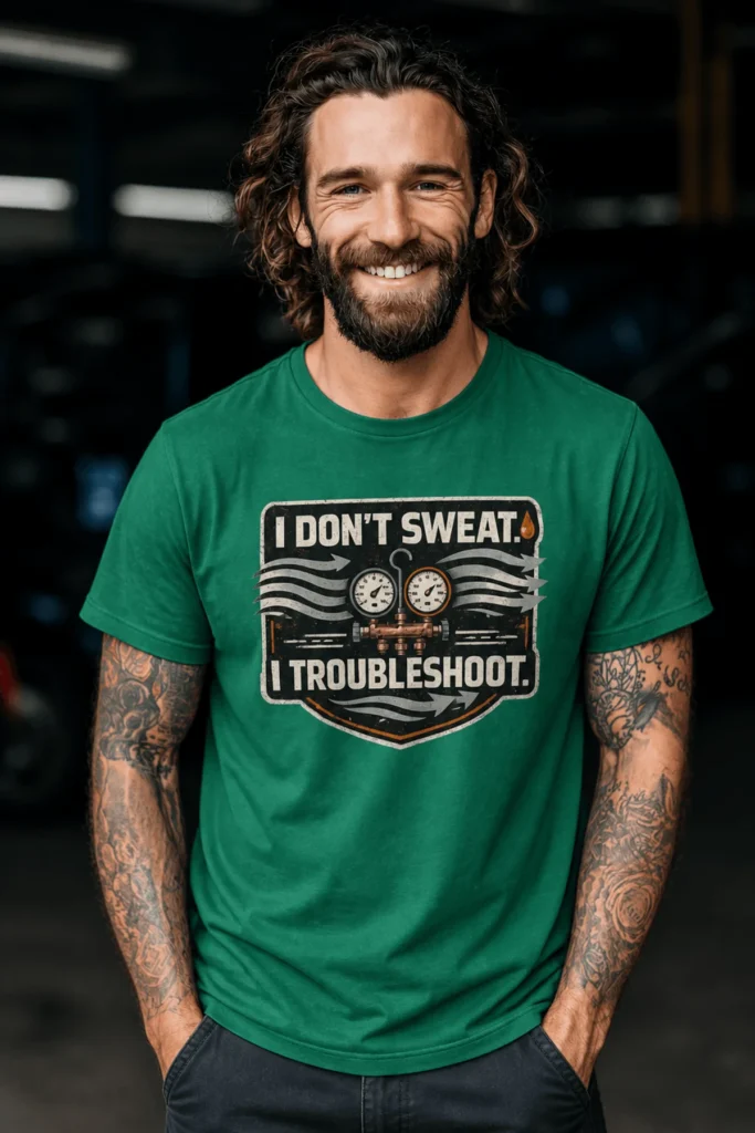HVAC Tech T-Shirt – "I Don't Sweat. I Troubleshoot." Retro Tech Shirt — kelly t-shirt, model photo | Pressure Tested Co