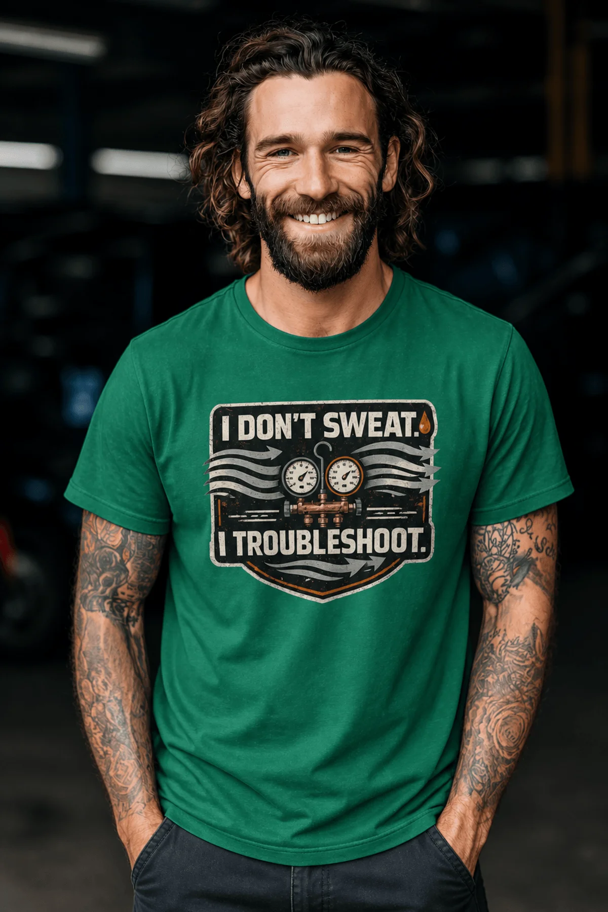 HVAC Tech T-Shirt – "I Don't Sweat. I Troubleshoot." Retro Tech Shirt — kelly t-shirt, model photo | Pressure Tested Co