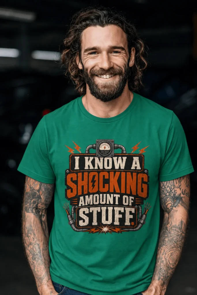 I Know A Shocking Amount Of Stuff T-Shirt — Electrician Science Humorous Tee — kelly t-shirt, model photo | Pressure Tested Co