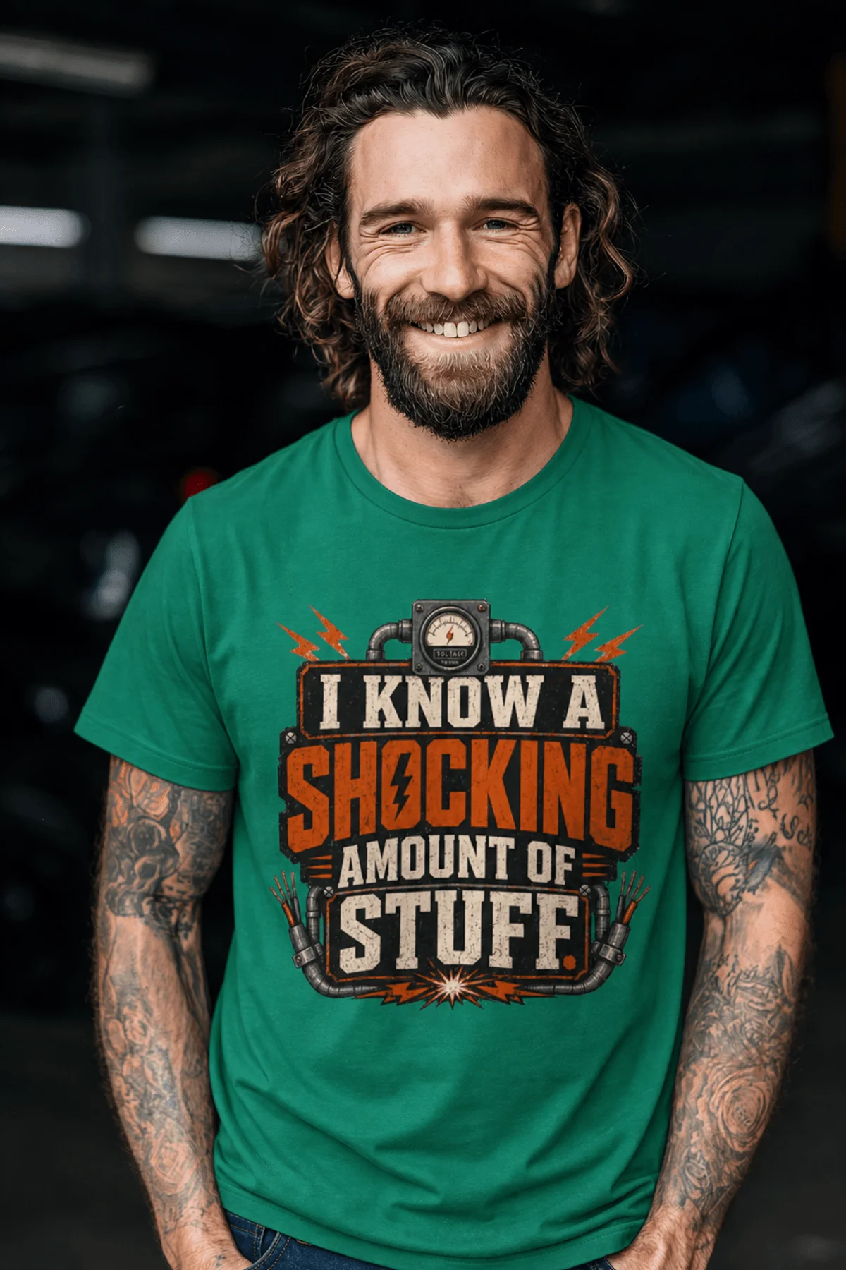 I Know A Shocking Amount Of Stuff T-Shirt — Electrician Science Humorous Tee — kelly t-shirt, model photo | Pressure Tested Co