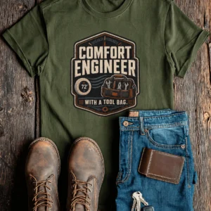 HVAC Tech T-Shirt — "Comfort Engineer" Vintage Tee with a Tool Bag — military-green t-shirt, flat-lay product photo | Pressure Tested Co