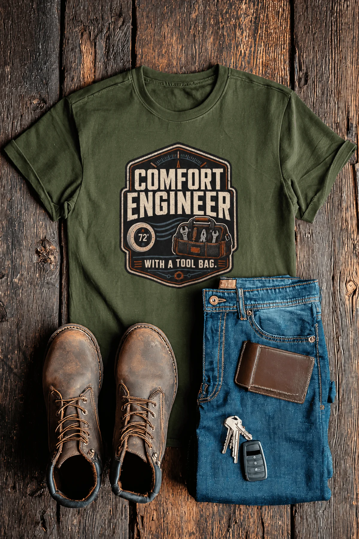 HVAC Tech T-Shirt — "Comfort Engineer" Vintage Tee with a Tool Bag — military-green t-shirt, flat-lay product photo | Pressure Tested Co