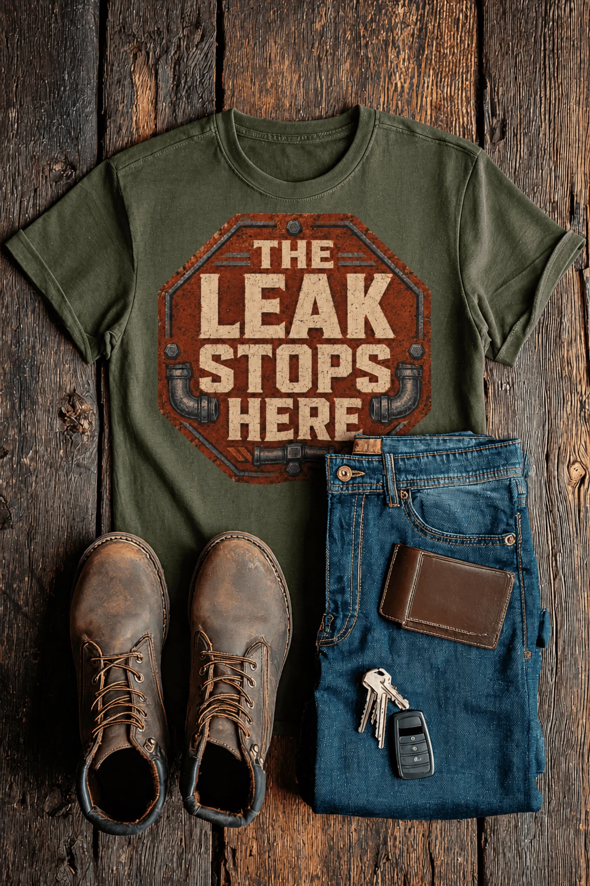 "The Leak Stops Here" Stop Sign Badge Style — Plumbing Repair Tech Humorous Tee — military-green t-shirt, flat-lay product photo | Pressure Tested Co