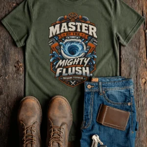Master of the Mighty Flush T-Shirt — Plumber/Funny Toilet Repair Tee — military-green t-shirt, flat-lay product photo | Pressure Tested Co