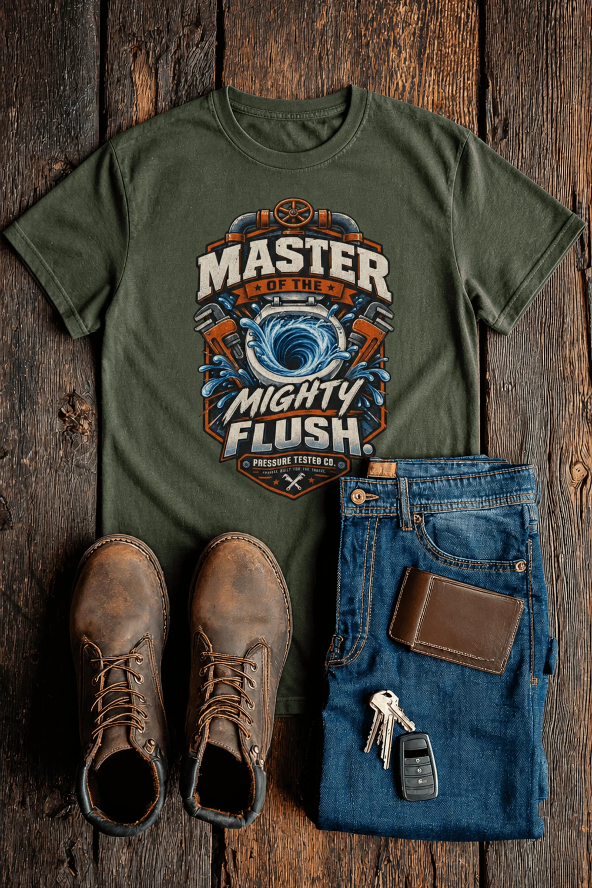 Master of the Mighty Flush T-Shirt — Plumber/Funny Toilet Repair Tee — military-green t-shirt, flat-lay product photo | Pressure Tested Co