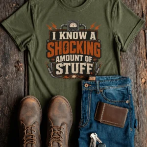 I Know A Shocking Amount Of Stuff T-Shirt — Electrician Science Humorous Tee — military-green t-shirt, flat-lay product photo | Pressure Tested Co